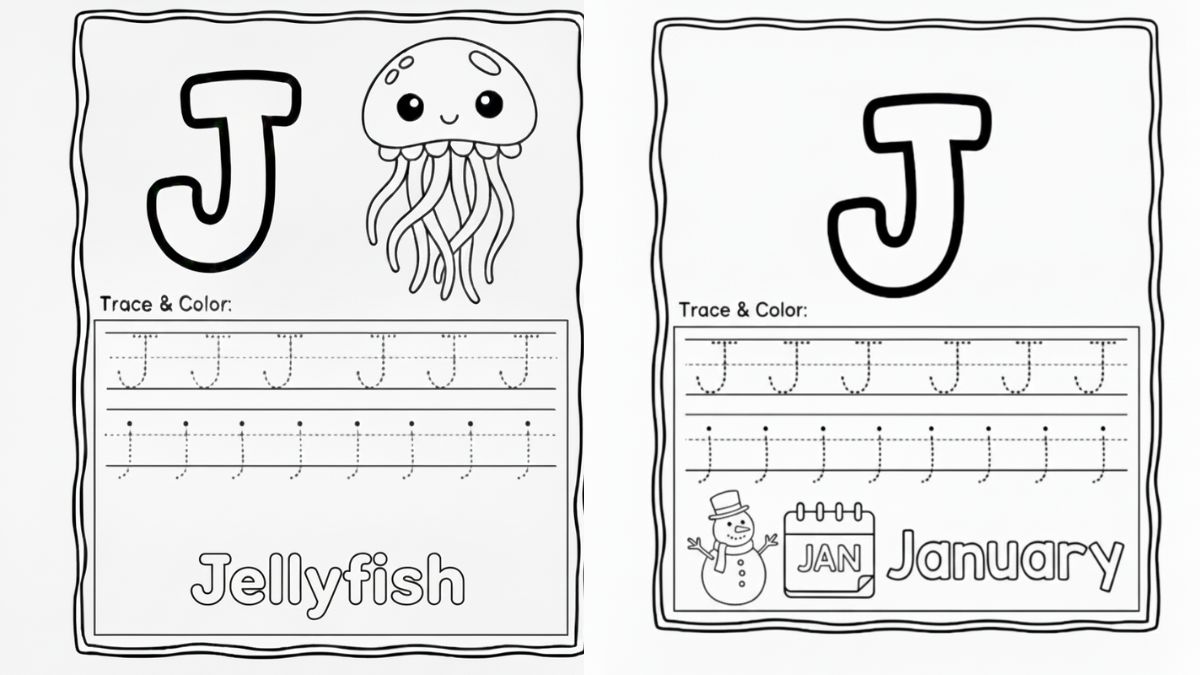 Letter J Coloring Page & Tracing Worksheet | Acrylic Painting School