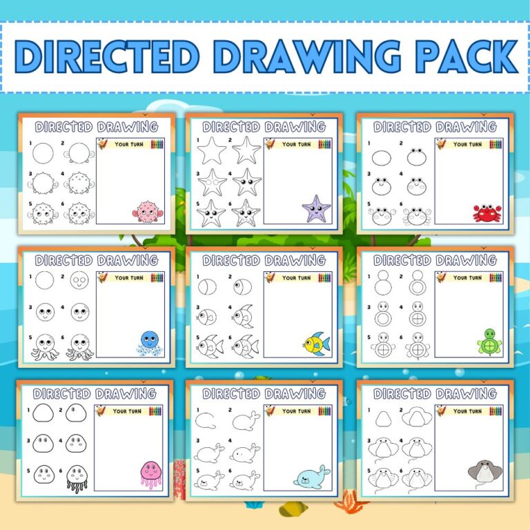 Ocean Animals Directed Drawings (9 Printable Pages) | Acrylic Painting ...